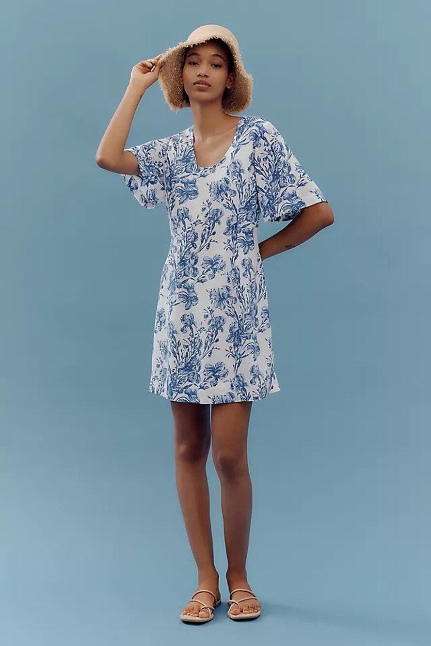 Anthropologie Short-Sleeve Crew-Neck Linen Printed Mini Dress - M